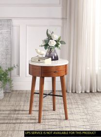 Walnut Finish 1pc Round End Table with Faux Marble Top and Drawer Living Room Furniture Side Table