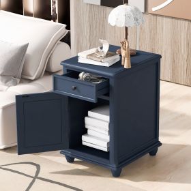 U-Can End Table with Solid Wood Legs, Side Table with USB Ports, 1 Storage Cabinet and 1 Drawer for Living Room, Antique Navy