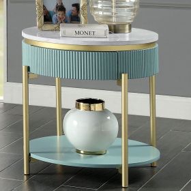 Glam Contemporary Light Teal 1pc End Table White Faux Marble Top Living Room Table Open Bottom Shelve