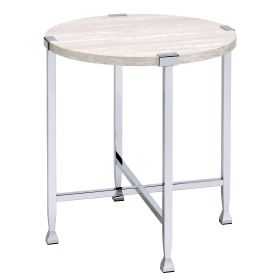 White Oak and Chrome End Table with X Shape Base