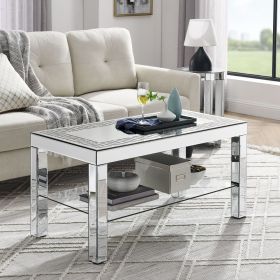 W 40 "X D 20" X H 20 "Curved border carved mirror coffee table: Silver mirror glass tabletop with sparkling diamond edge frame and crystal mirror legs