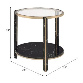ACME Thistle End Table, Clear Glass, Faux Black Marble & Champagne Finish 83307