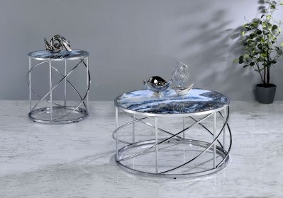 ACME Lyda End Table, Blue Marble Print & Chrome Finish LV02096