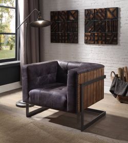 ACME Sagat Accent Chair, Antique Ebony Top Grain Leather & Rustic Oak 59667