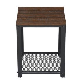 Matt 22 Inch Metal Framed End Side Table, Wood Top, Wire Mesh Open Shelf, Brown, Black