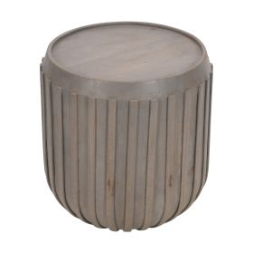 Alisha 25 Inch Side End Table, Handcrafted Mango Wood Drum Shape with Ribbed Edges, Gray
