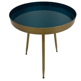 Enid 19 Inch Side End Table, Iron Brass Plating, Enamel Blue Top, Modern Sleek Angled Legs