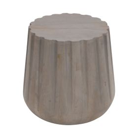 22 Inch Side End Table, Mango Wood Drum Shape with Handcrafted Grooved Edges, Gray