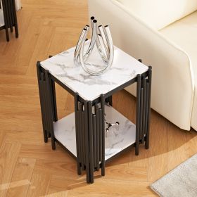 2-Tier Side Table, Faur Marbling End Table, Narrow Side Table with Storage Shelves, Modern Design Beside Table, Wood Nightstand for Living Room