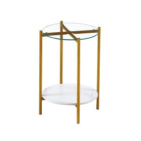 2-layer End Table with Whole Marble Tabletop, Round Coffee Table with Black Metal Frame for Bedroom Living Room Office-transparent,1 piece