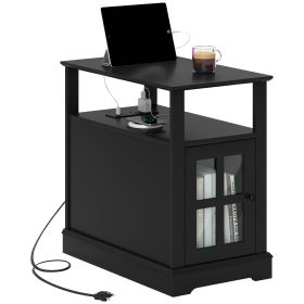 HOMCOM End Table with Charging Station, Narrow Side Table with USB Ports and Outlets, Small Table with Hidden Storage and Open Shelf for Living Room (Color: as Pic)