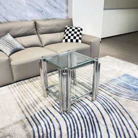 Silver Stainless Steel Double-Layer Clear Tempered Glass End Table for Bed Room, Living Room (Color: as Pic)